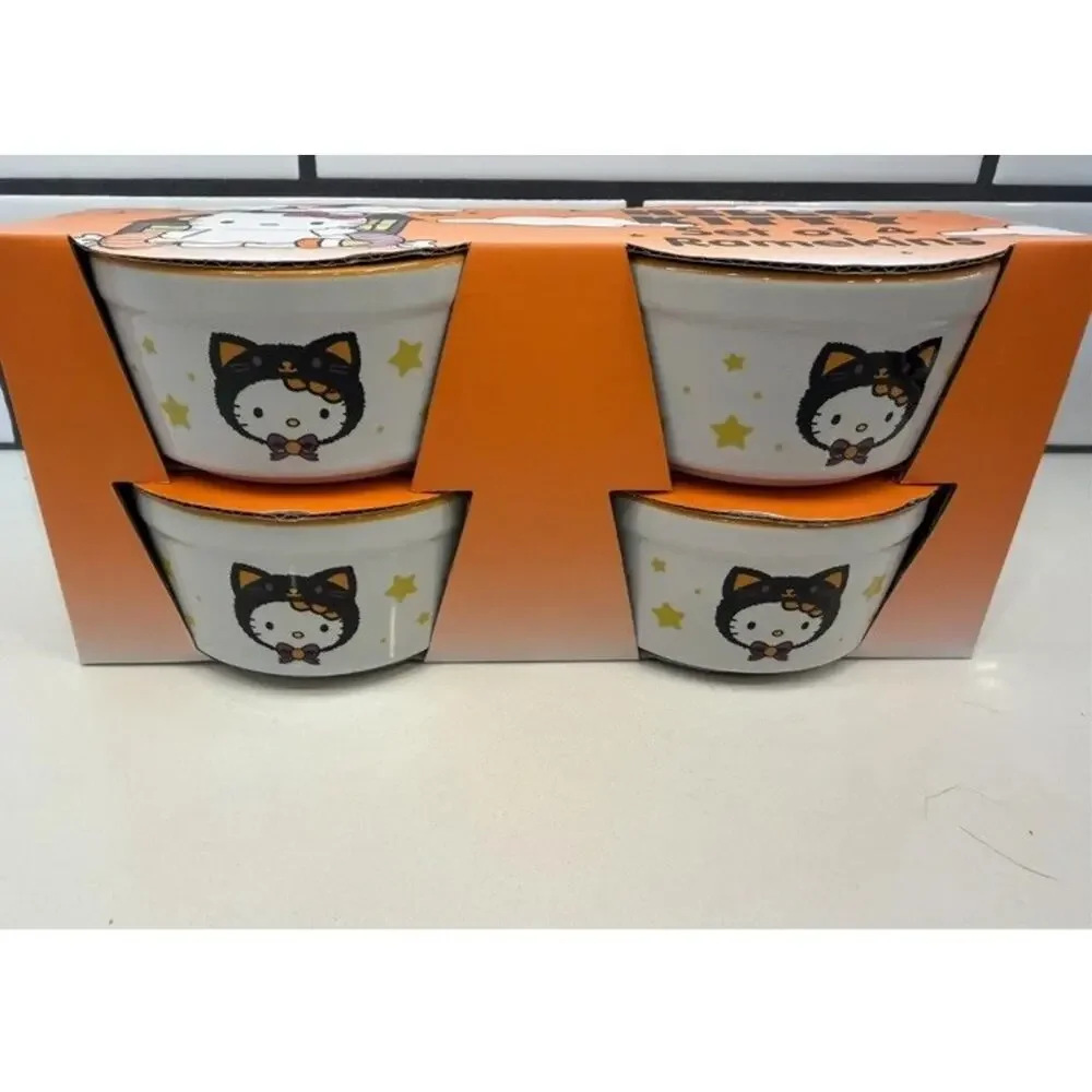Sanrio Hello‎ Kitty Halloween Black Cat Stars Set Of 4 Baking Ramekins White NEW